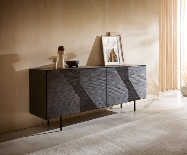 Sideboard Tereos 200cm Ash Wood Dark Brown 4 Doors 4 Legs Black