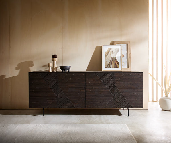 Sideboard Tereos 200cm Ash Wood Dark Brown 4 Doors Angled Feet Black