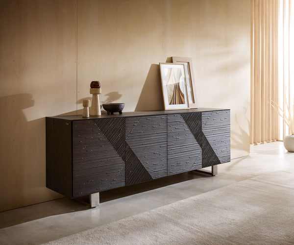 Sideboard Tereos 200cm Ash Wood Dark Brown 4 Doors Square Feet Silver