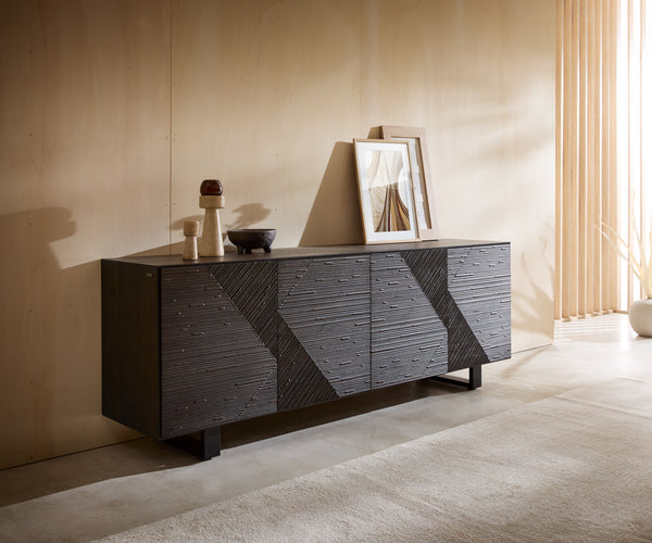 Sideboard Tereos 200cm Ash Wood Dark Brown 4 Doors Square Feet Black