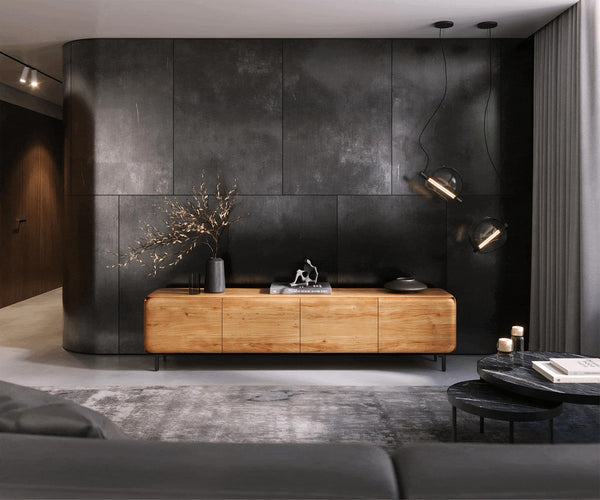 TV Stand Shavani 220cm 4 Doors Acacia Wood Natural Oval Feet Black