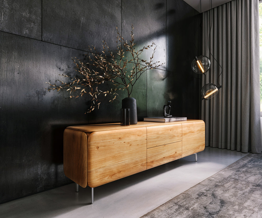 TV Stand Shavani 175cm 2 Doors 2 Drawers Acacia Wood Natural Oval Feet Silver