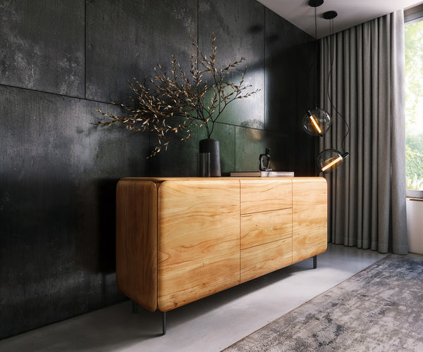 Sideboard Shavani 175cm 2 Doors 3 Drawers Acacia Wood Natural Oval Feet Black