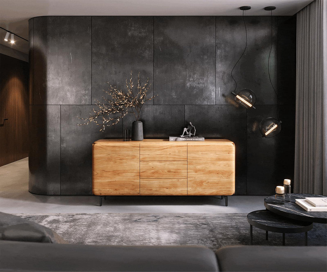 Sideboard Shavani 175cm 2 Doors 3 Drawers Acacia Wood Natural Oval Feet Black