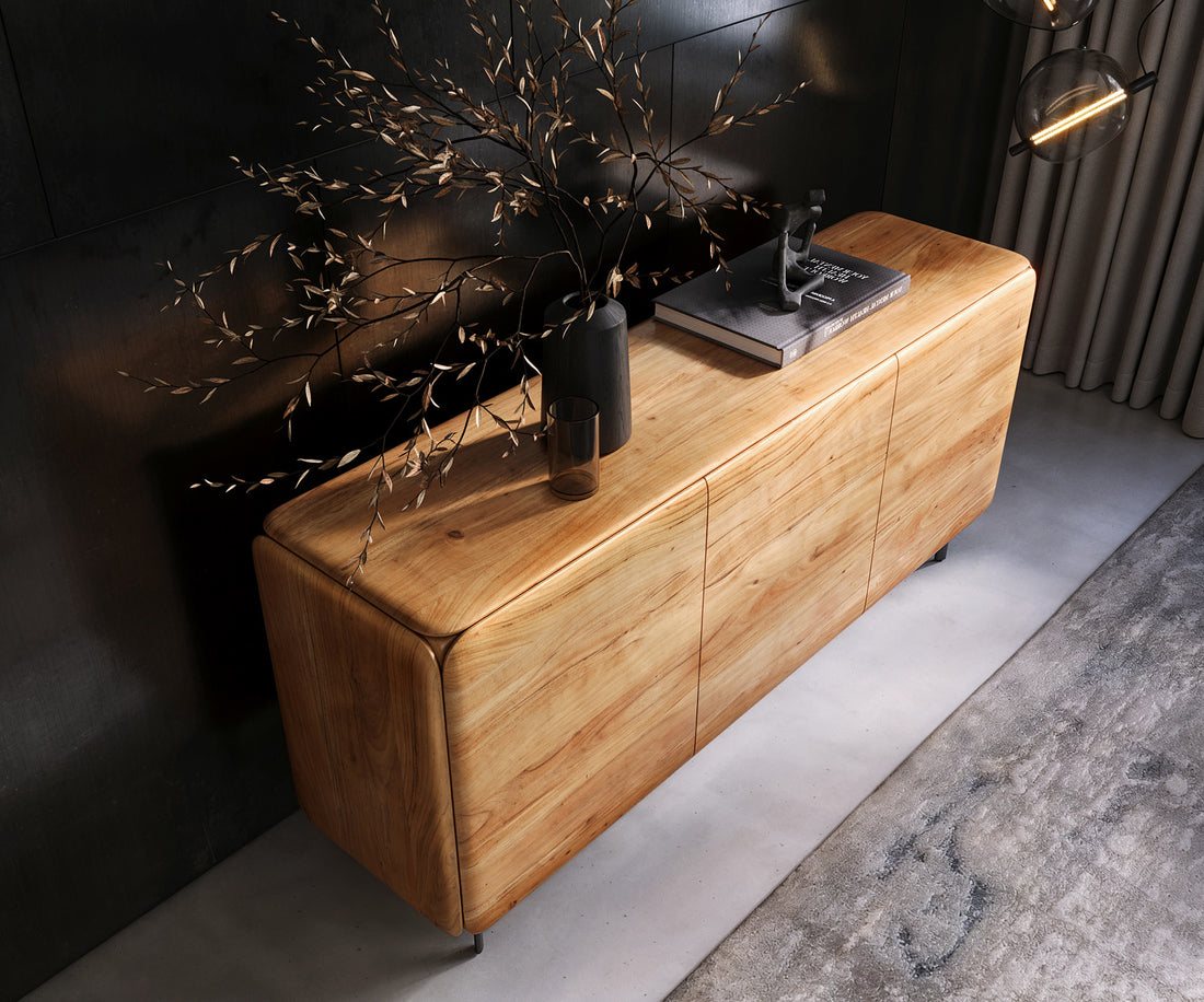 Sideboard Shavani 175cm 2 Doors 3 Drawers Acacia Wood Natural Oval Feet Black