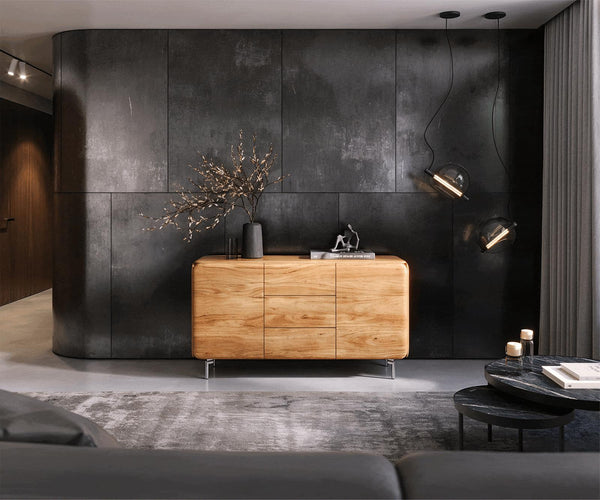 Sideboard Shavani 145cm 2 Doors 3 Drawers Acacia Wood Natural Oval Feet Silver