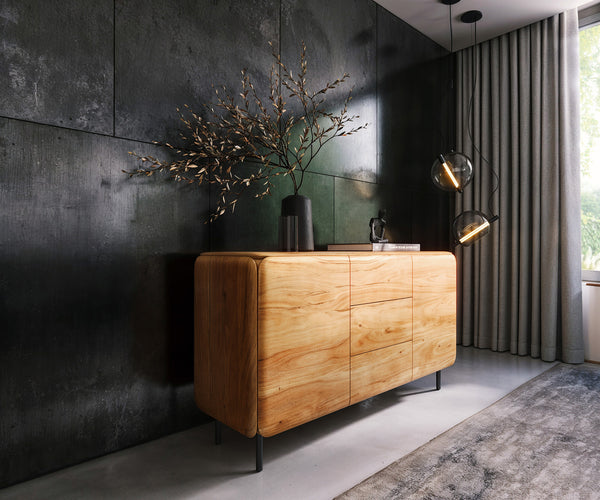Sideboard Shavani 145cm 2 Doors 3 Drawers Acacia Wood Natural 4 Legs Black