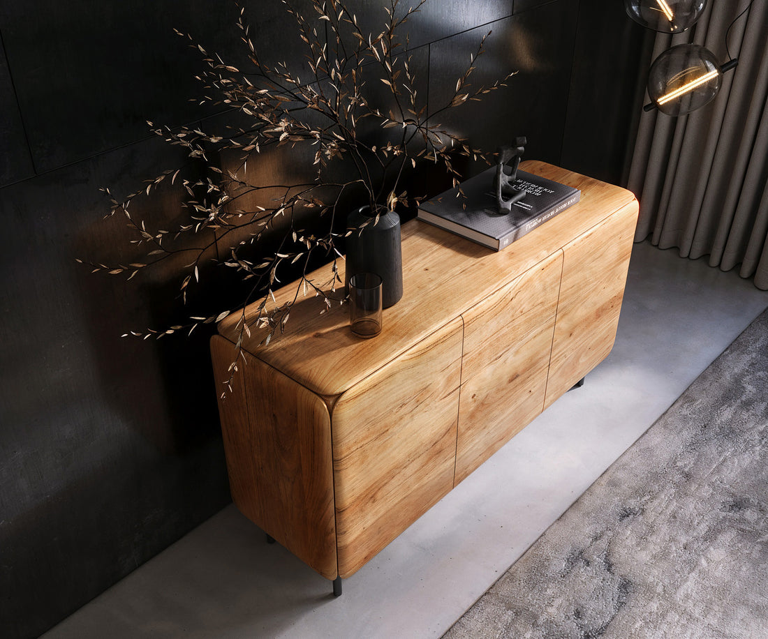 Sideboard Shavani 145cm 2 Doors 3 Drawers Acacia Wood Natural 4 Legs Black