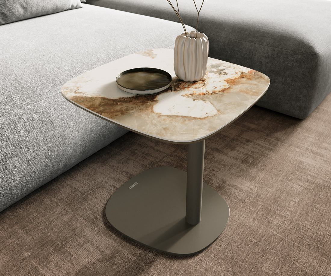 Side Table Aurora 50x50cm Ceramic Minas Melange Beige Metal Frame Titanium