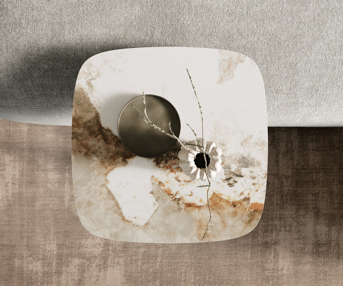 Side Table Aurora 50x50cm Ceramic Minas Melange Beige Metal Frame Titanium