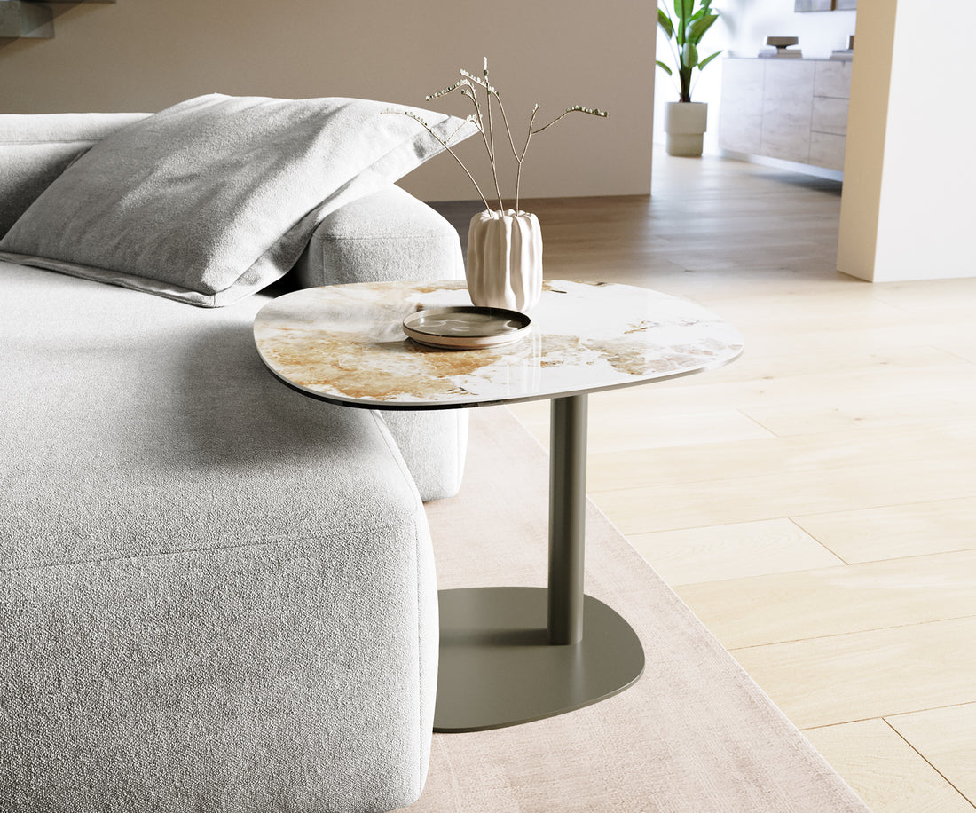 Side Table Aurora 60x60cm Ceramic Minas Melange Beige Metal Frame Titanium