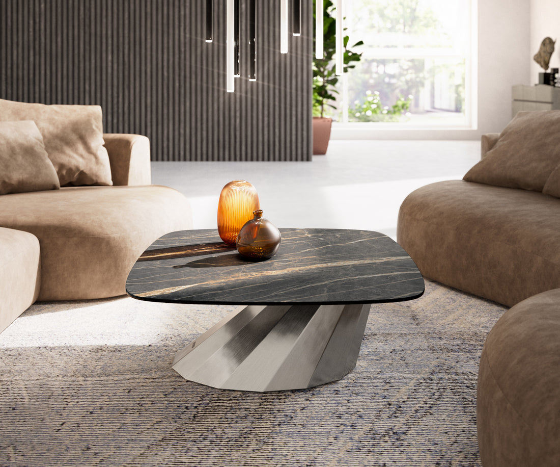 Boat Coffee Table Aurora 90x90cm Ceramic Noir Desir Brown Parabi Frame Stainless Steel Silver