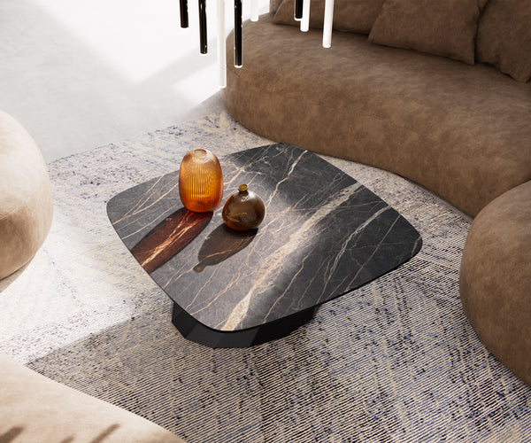 Boat Coffee Table Aurora 90x90cm Ceramic Noir Desir Brown Parabi Frame Metal Black