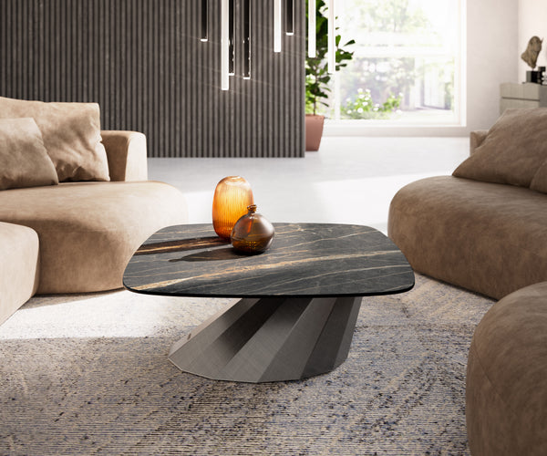 Boat Coffee Table Aurora 90x90cm Ceramic Noir Desir Brown Parabi Frame Metal Silver