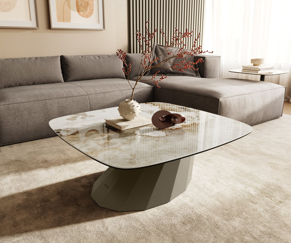 Boat Coffee Table Aurora 90x90cm Ceramic Minas Melange Beige Parabi Frame Metal Titanium