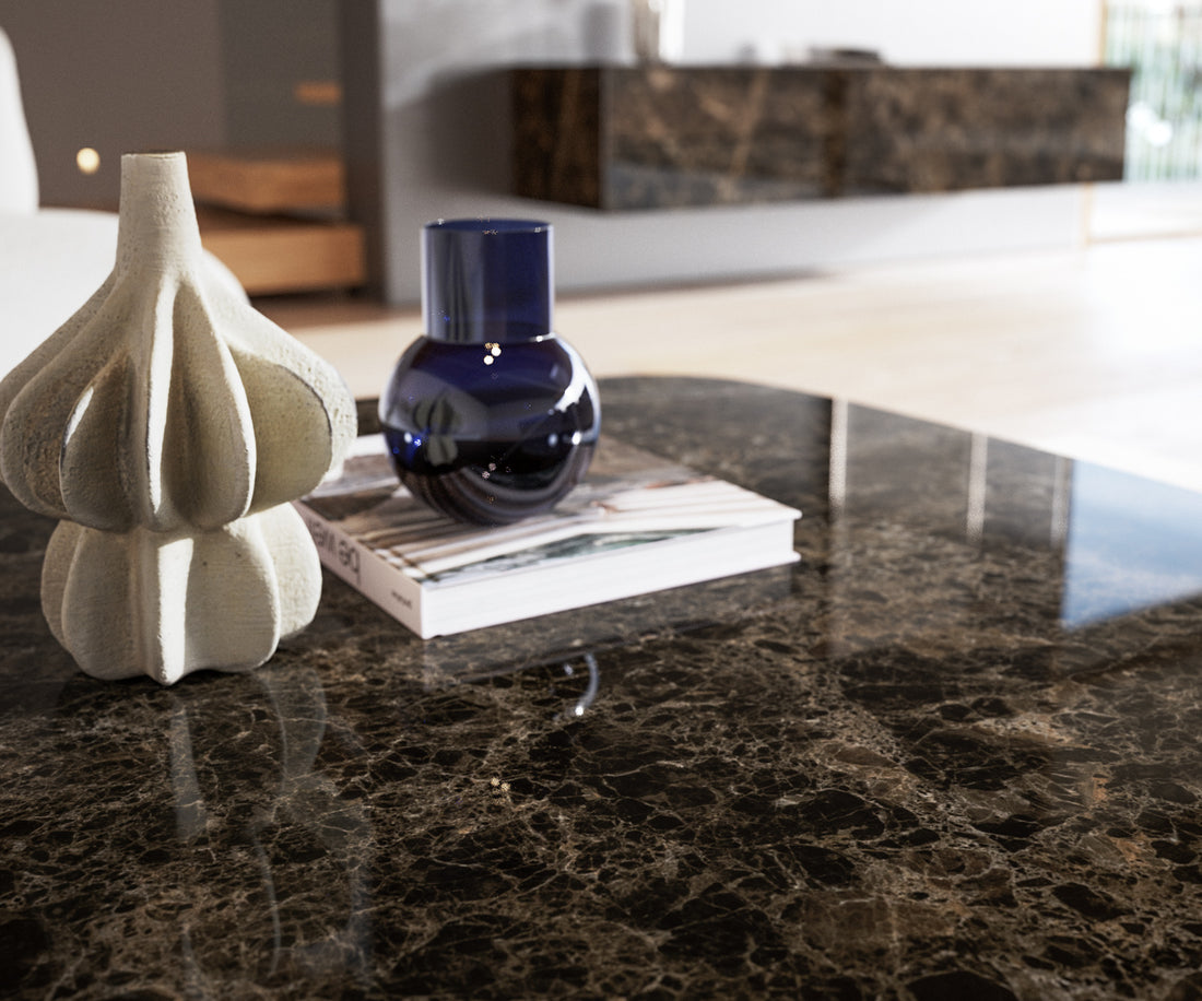 Boat Coffee Table Aurora 90x90cm Ceramic Emperador Extra Lucidato Parabi Frame Metal Black