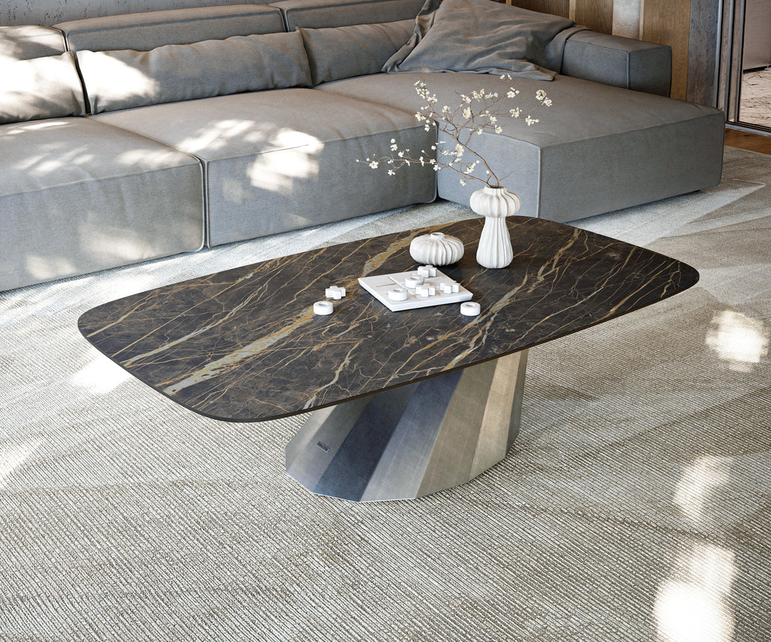 Boat Coffee Table Aurora 140x80cm Ceramic Noir Desir Brown Parabi Frame Metal Silver