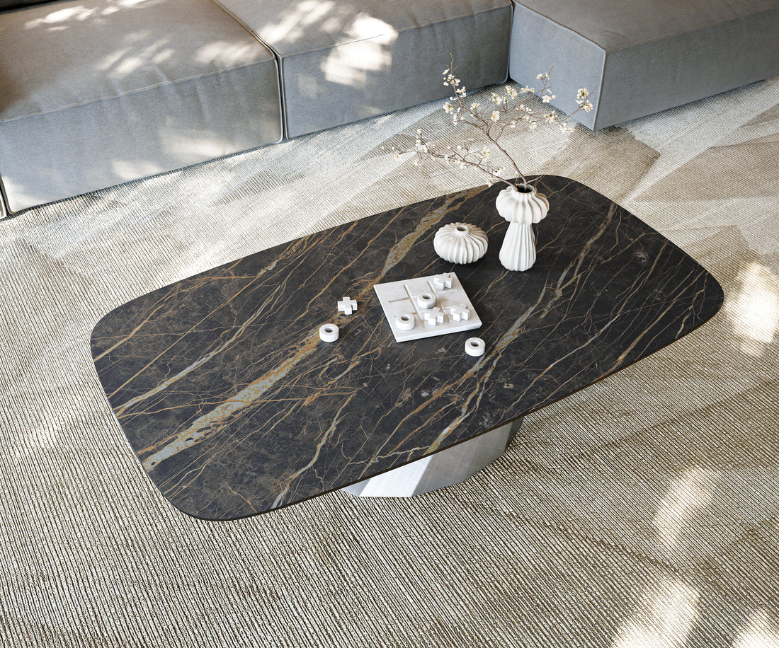 Boat Coffee Table Aurora 140x80cm Ceramic Noir Desir Brown Parabi Frame Metal Silver