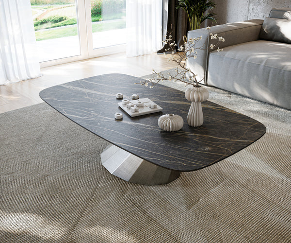 Boat Coffee Table Aurora 140x80cm Ceramic Noir Desir Brown Parabi Frame Metal Silver