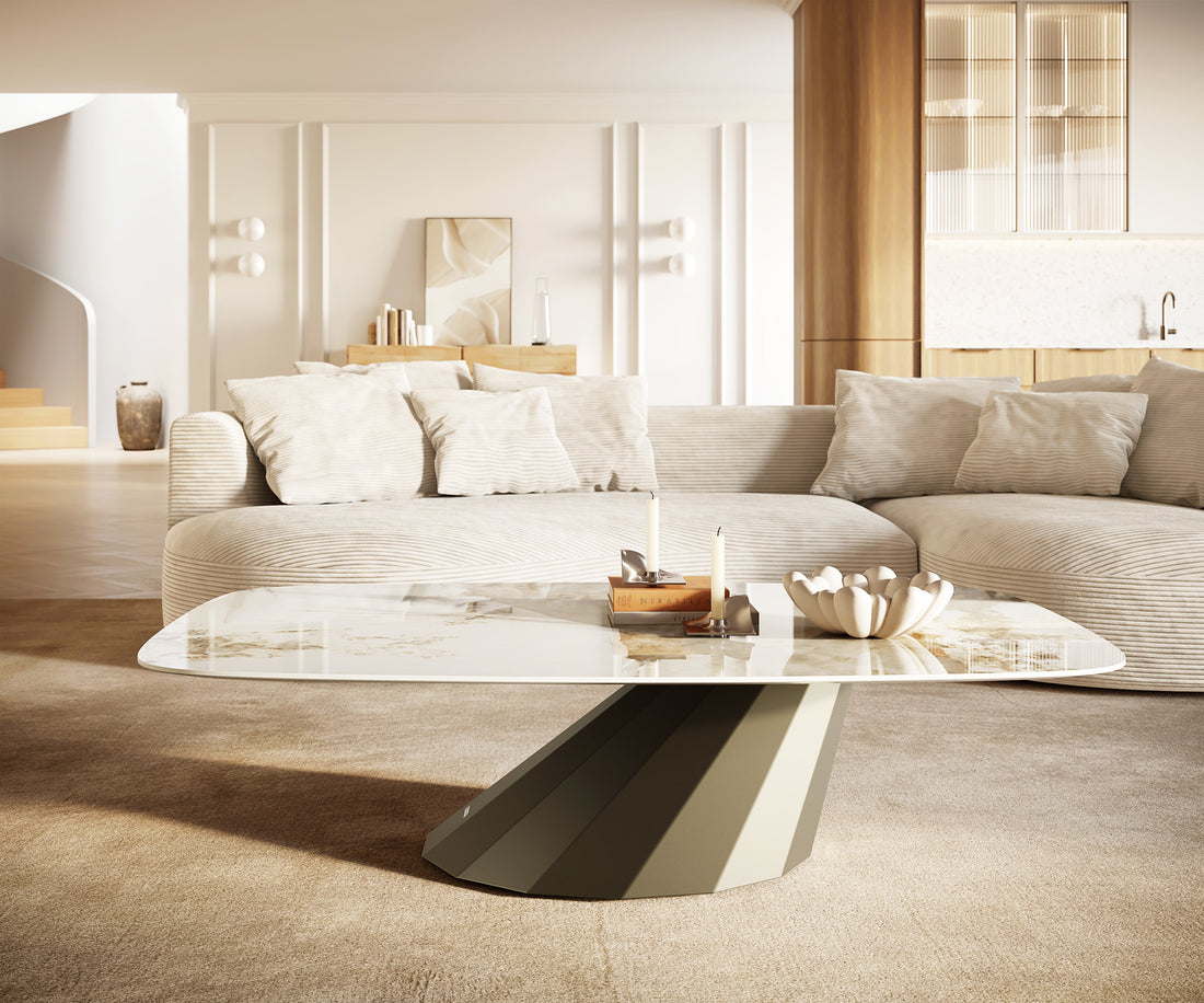 Boat Coffee Table Aurora 140x80cm Ceramic Minas Melange Beige Parabi Frame Metal Titanium