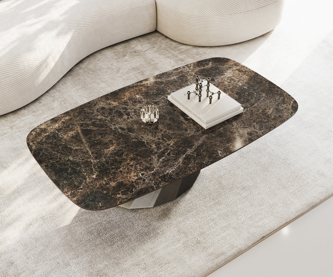 Boat Coffee Table Aurora 140x80cm Ceramic Emperador Extra Lucidato Parabi Frame Metal Silver