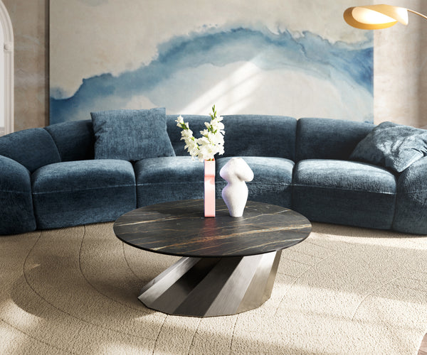 Round Coffee Table Aurora 90x90cm Ceramic Noir Desir Brown Parabi Frame Stainless Steel Silver