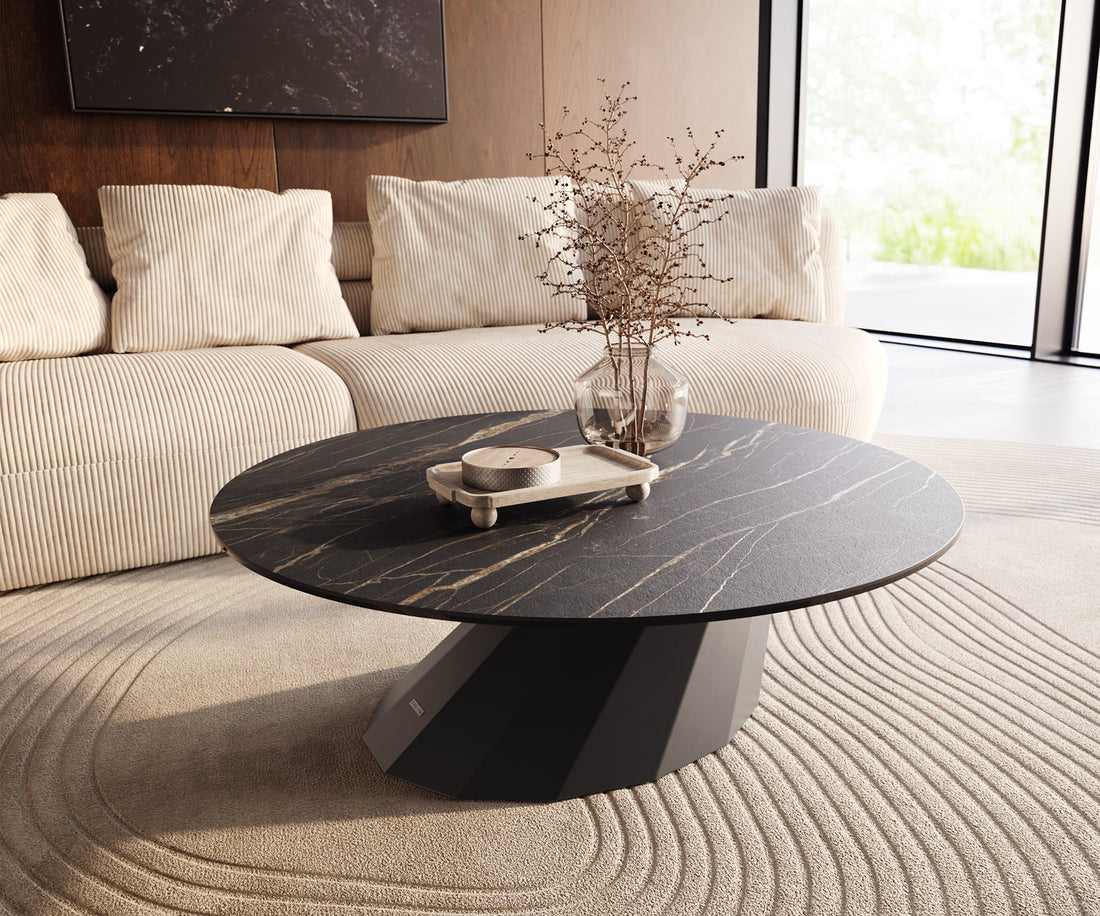 Round Coffee Table Aurora 100x100cm Ceramic Noir Desir Brown Parabi Frame Metal Black