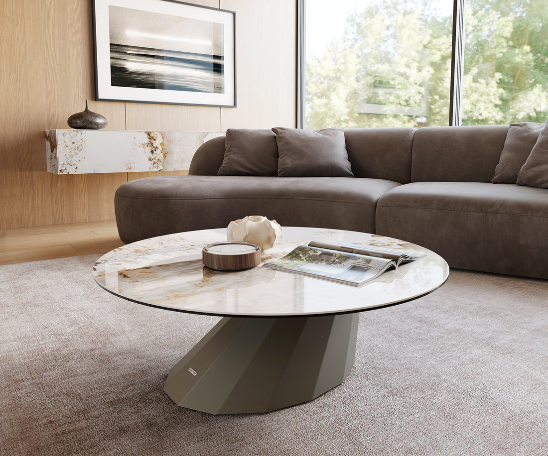Round Coffee Table Aurora 100x100cm Ceramic Minas Melange Beige Parabi Frame Metal Titanium