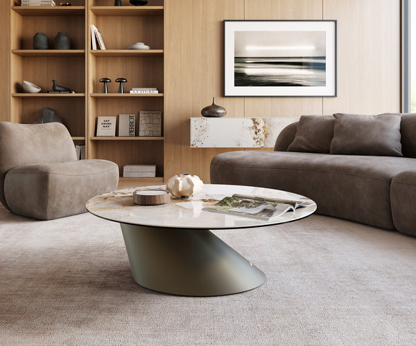 Round Coffee Table Aurora 100x100cm Ceramic Minas Melange Beige Cone Frame Titanium