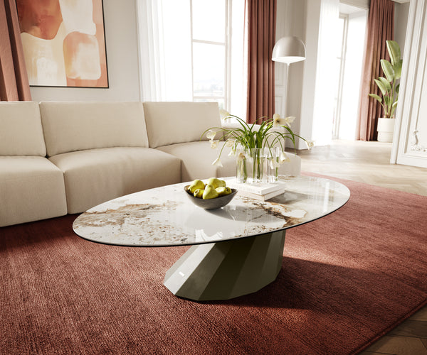 Oval Coffee Table Aurora 140x80cm Ceramic Minas Melange Beige Parabi Frame Metal Titanium