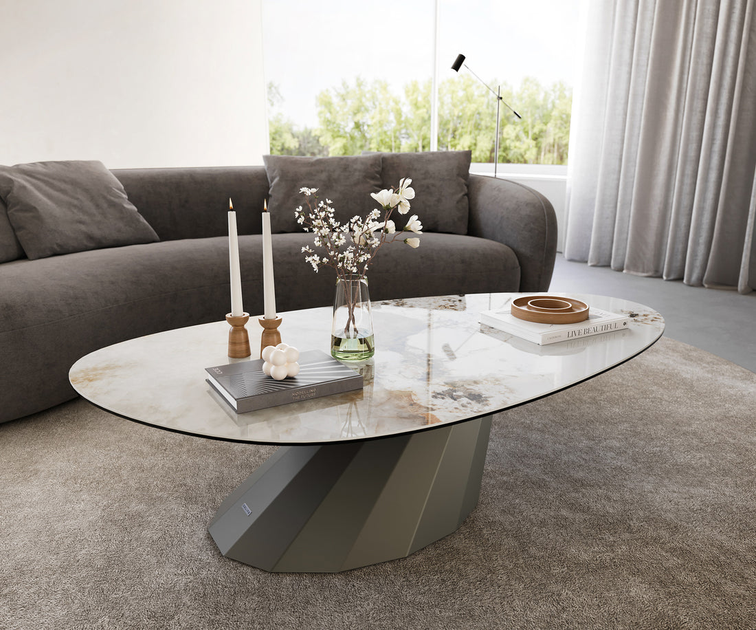Oval Coffee Table Aurora 140x75cm Ceramic Minas Melange Beige Parabi Frame Metal Titanium