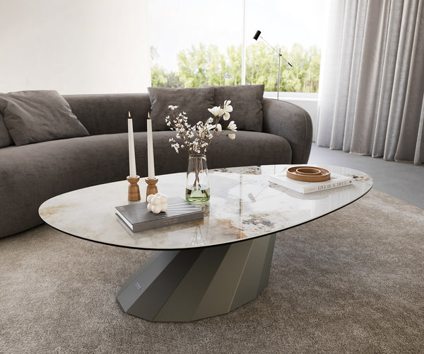 Oval Coffee Table Aurora 140x75cm Ceramic Minas Melange Beige Parabi Frame Metal Titanium