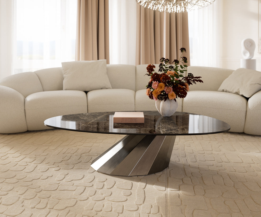 Oval Coffee Table Aurora 140x75cm Ceramic Emperador Extra Lucidato Parabi Frame Stainless Steel Silver
