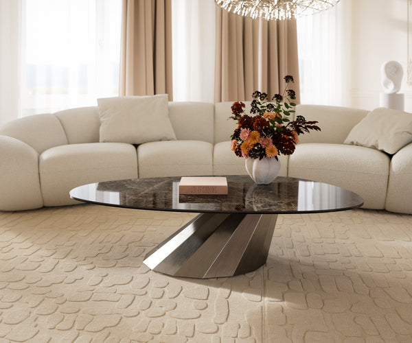Oval Coffee Table Aurora 140x75cm Ceramic Emperador Extra Lucidato Parabi Frame Stainless Steel Silver