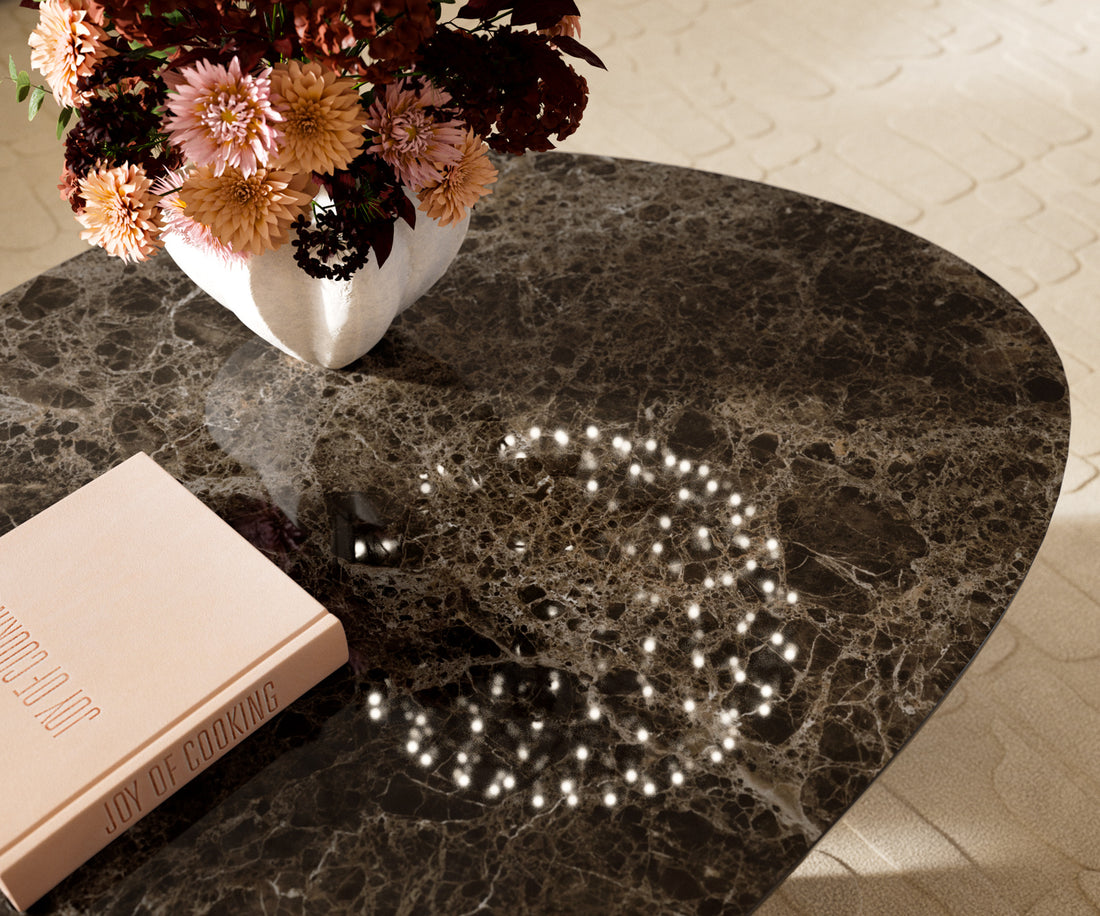 Oval Coffee Table Aurora 140x75cm Ceramic Emperador Extra Lucidato Parabi Frame Stainless Steel Silver