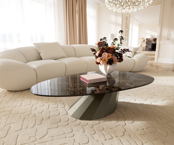 Oval Coffee Table Aurora 140x75cm Ceramic Emperador Extra Lucidato Parabi Frame Metal Titanium
