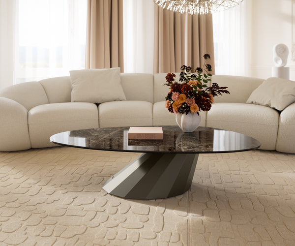 Oval Coffee Table Aurora 140x75cm Ceramic Emperador Extra Lucidato Parabi Frame Metal Titanium