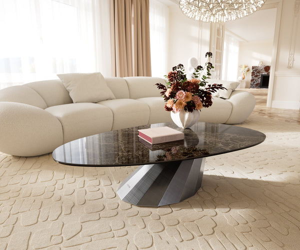 Oval Coffee Table Aurora 140x75cm Ceramic Emperador Extra Lucidato Parabi Frame Metal Silver