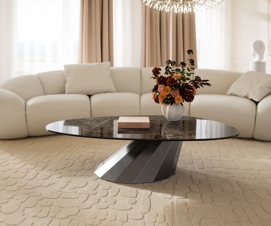Oval Coffee Table Aurora 140x75cm Ceramic Emperador Extra Lucidato Parabi Frame Metal Silver