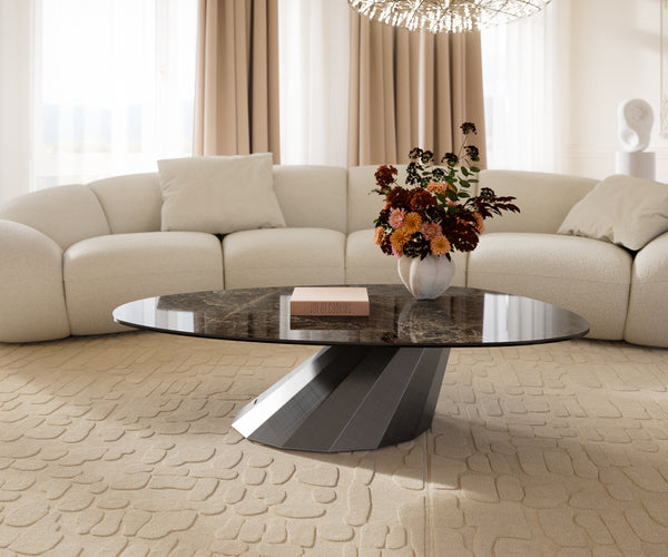 Oval Coffee Table Aurora 140x75cm Ceramic Emperador Extra Lucidato Parabi Frame Metal Silver
