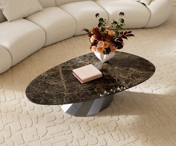 Oval Coffee Table Aurora 140x75cm Ceramic Emperador Extra Lucidato Parabi Frame Metal Silver