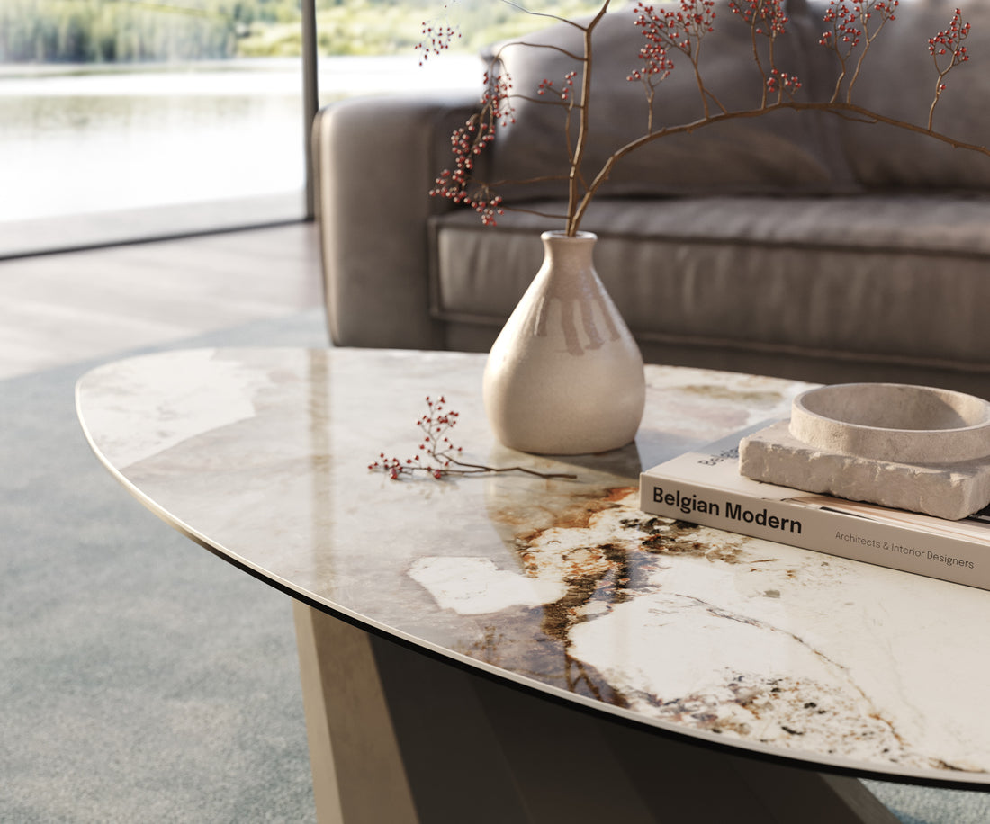 Coffee Table Aurora 140x76cm Ceramic Minas Melange Beige Parabi Frame Metal Titanium