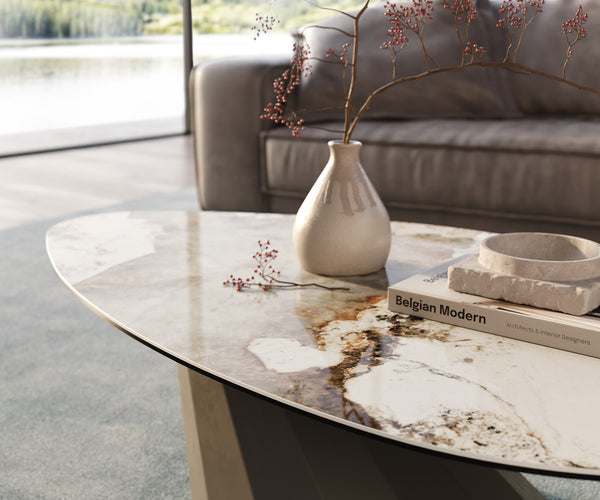 Coffee Table Aurora 140x76cm Ceramic Minas Melange Beige Parabi Frame Metal Titanium