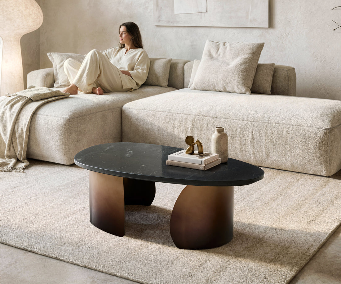 Coffee Table Marvello 100x50cm Marble Black Metal Frame Gold