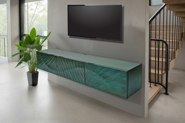 Floating TV Stand Fossil 160cm Mango Wood Turquoise 3D Effect