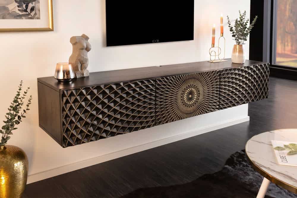 Floating TV Stand Illusion 160cm Mango Wood Black 3D Effect