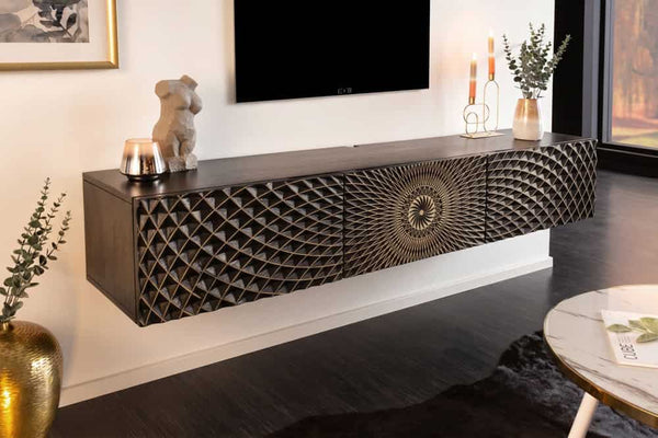 Floating TV Stand Illusion 160cm Mango Wood Black 3D Effect