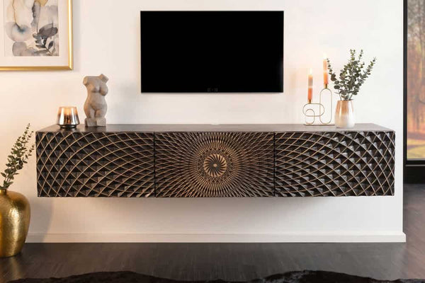 Floating TV Stand Illusion 160cm Mango Wood Black 3D Effect