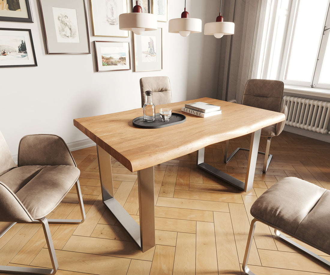 Dining Table Olympus Live Edge 140cm Acacia Wood Natural Square Frame Slim Steel 55mm Top