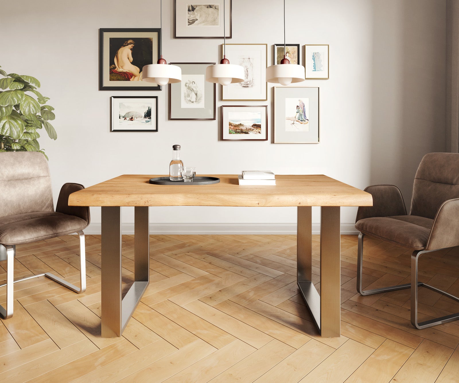 Dining Table Olympus Live Edge 140cm Acacia Wood Natural Square Frame Slim Steel 55mm Top